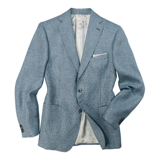 Veste Panama bleue claire Carl Gross avec doublure grise, drapée de manière décontractée.