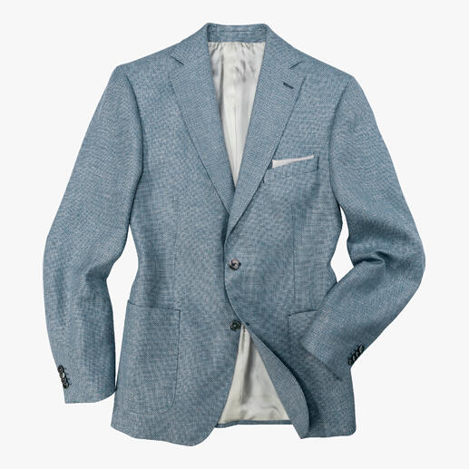 Veste Panama bleue claire Carl Gross avec doublure grise, drapée de manière décontractée.