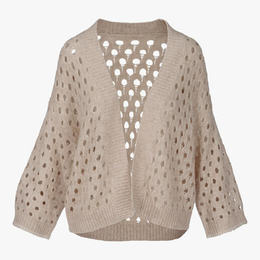 Cardigan en cachemire-lin beige avec motif ajouré.