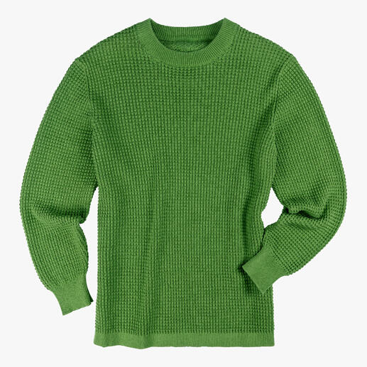 Pull en maille verte dans un look texturé, vue de devant.