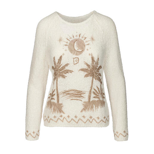 Vue de face du pull en éponge brodé à la main de couleur crème