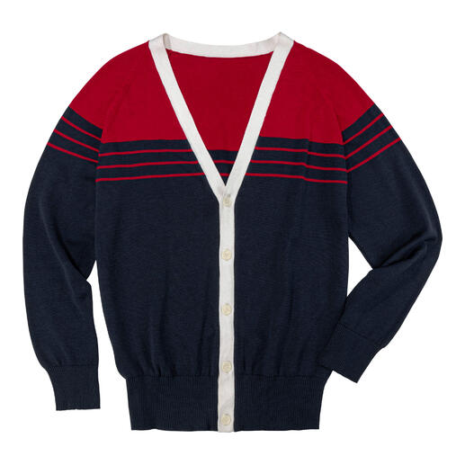 Cardigan en soie maritime en bleu marine avec des rayures rouges et un col en V, posé sur un fond blanc.