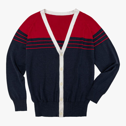 Cardigan en soie maritime en bleu marine avec des rayures rouges et un col en V, posé sur un fond blanc.