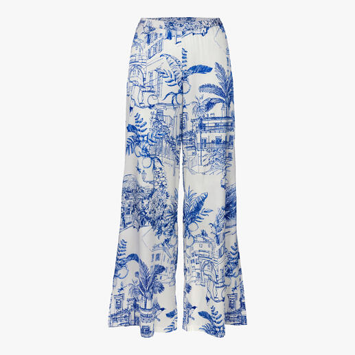 Pantalon large en stretch de soie avec motif graphique bleu, présenté de face.