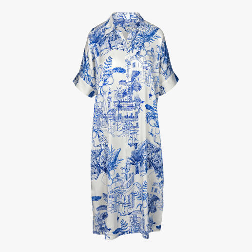 Robe-blouse Esisto en blanc et bleu avec motif floral sur présentoir.