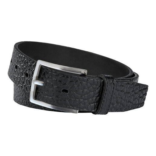 Ceinture en cuir de bison noire avec une boucle fine et élégante.