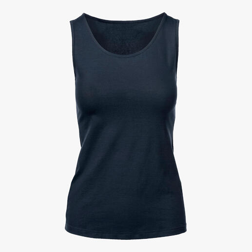 Débardeur bleu foncé en Swiss Cotton sur fond blanc.