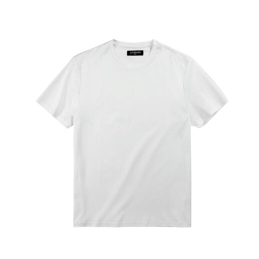 T-shirt blanc sur un fond blanc, à plat.
