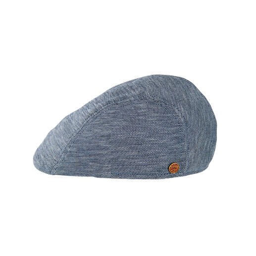 Casquette en jersey bleue avec logo sur le côté.