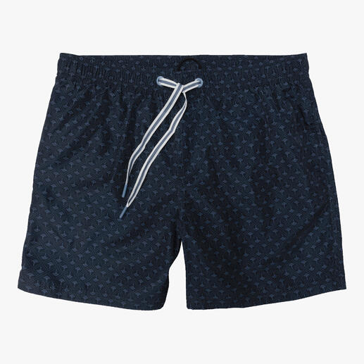 Shorts de bain JOOP! fleurs de bleuet sur un fond blanc.