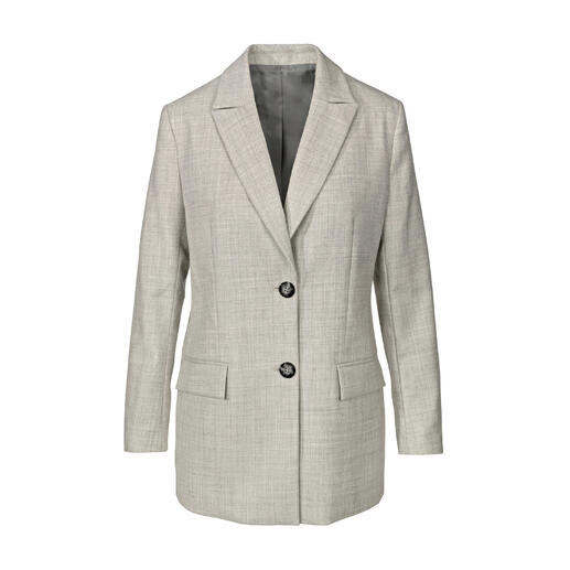 Blazer gris avec deux boutons sur fond blanc.