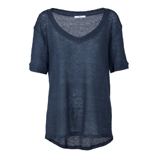 Chemise en lin bleu foncé en taille 36, montrant le haut.