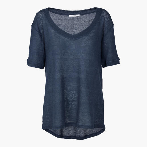 Chemise en lin bleu foncé en taille 36, montrant le haut.