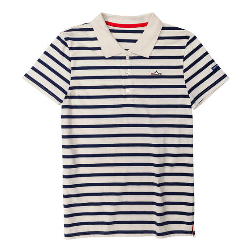 Polo rayé Saint James Bretagne avec col, en bleu marine et blanc.