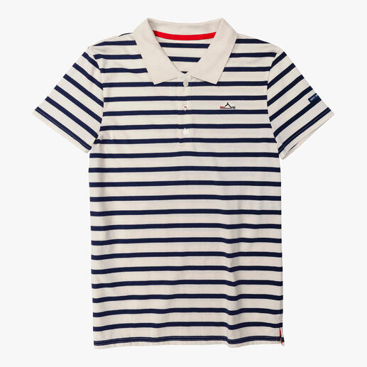Polo rayé Saint James Bretagne avec col, en bleu marine et blanc.
