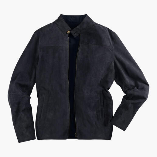 Veste en cuir réversible gris foncé avec un ourlet élastique.