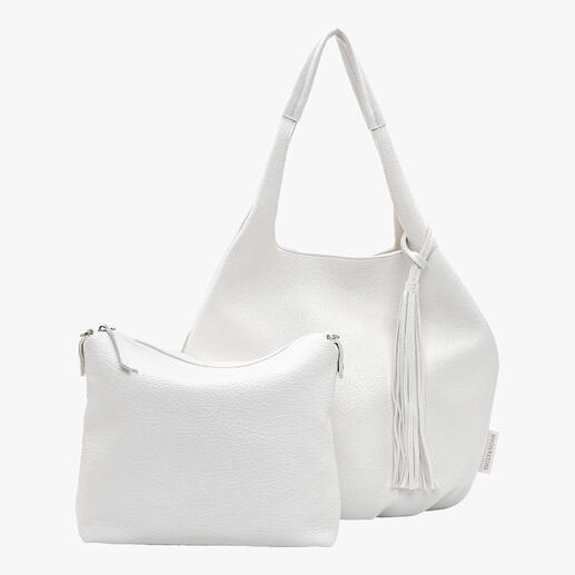 Sac soft shopper blanc avec un petit sac supplémentaire, sur fond blanc.
