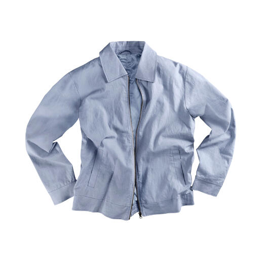 Blouson bleu clair en lin et lyocell, posé à plat.