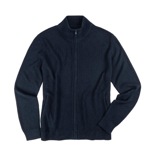 Cardigan en soie Klima bleu marine sur un fond blanc, avec la fermeture éclair ouverte.