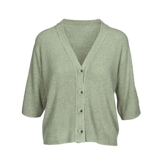 Cardigan en bouclé de soie verte avec décolleté en V et cinq boutons.