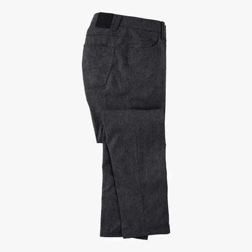 Pantalon five-pocket en cachemire anthracite, vue latérale.