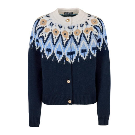 Cardigan norvégien bleu foncé avec motifs, style formel.