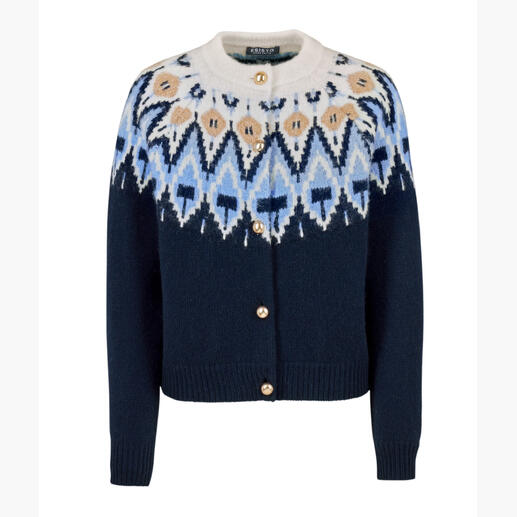 Cardigan norvégien bleu foncé avec motifs, style formel.