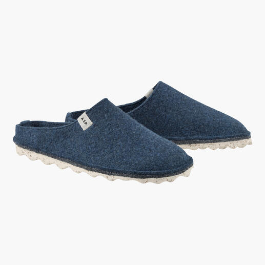 Paire de chaussons bleus pour femmes sur fond blanc.