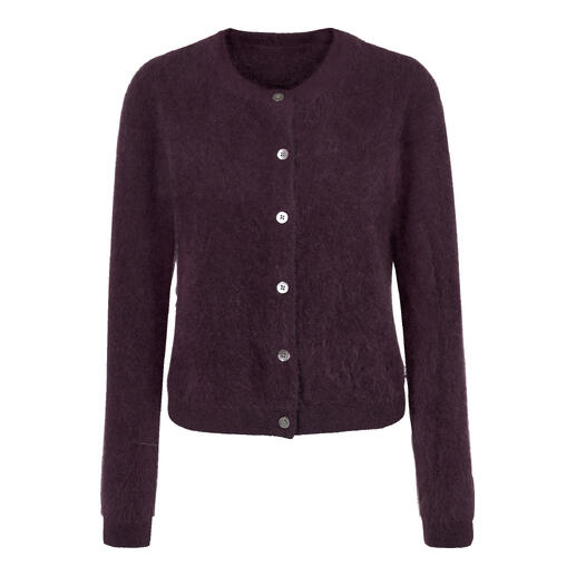 Cardigan violet foncé en cachemire en tissu doux.