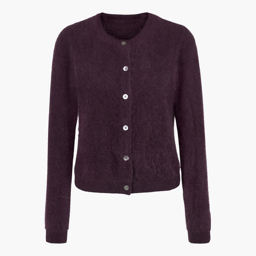 Cardigan violet foncé en cachemire en tissu doux.