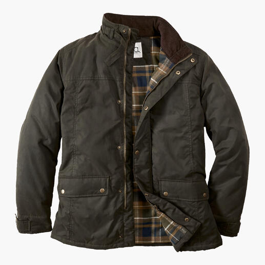 Veste d'extérieur en toile huilée olive avec motif à carreaux à l'intérieur et boutons.