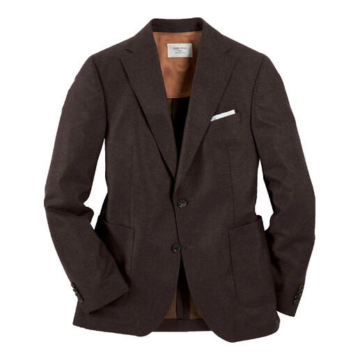 Veste en feutre fin marron sur fond blanc.