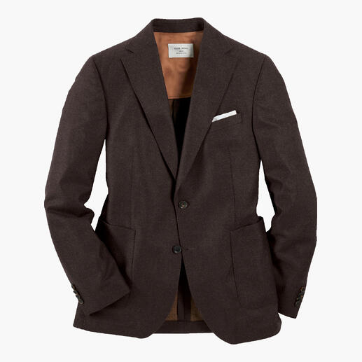 Veste en feutre fin marron sur fond blanc.