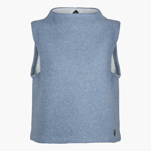 Vue de face d'un pull bleu clair à encolure ronde.