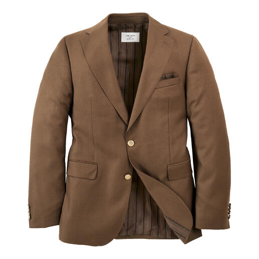 Blazer marron ouvert sur fond blanc, montrant l'intérieur.