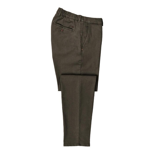 Vue de côté d'un chino d'hiver Brax vert olive, taille 25.