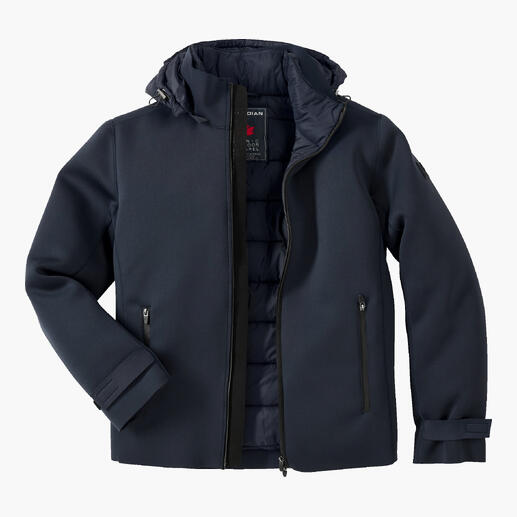 Veste de plein en néoprène ouverte sur une surface plane.