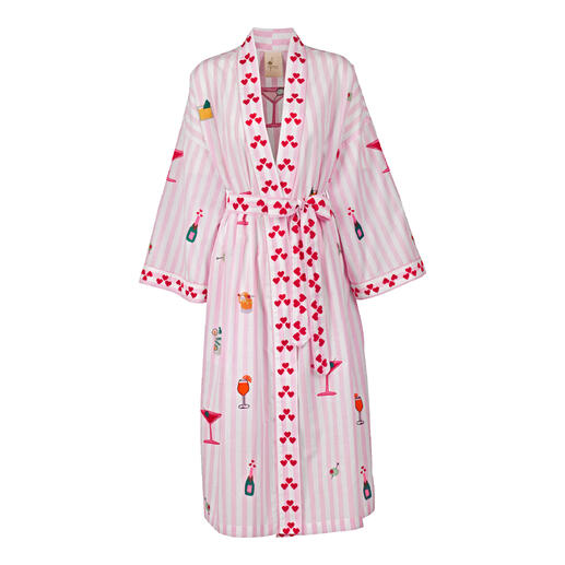 Robe de chambre rose avec motif de cocktail sur fond rayé