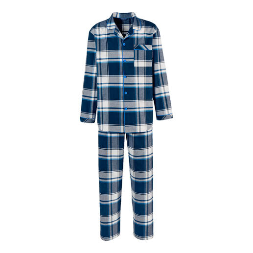 Pyjama en flanel à rayures pour homme en bleu et blanc.