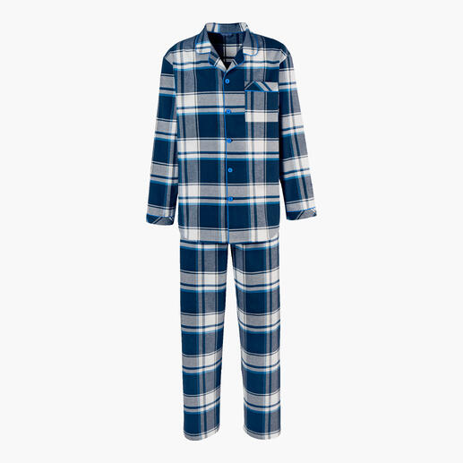 Pyjama en flanel à rayures pour homme en bleu et blanc.