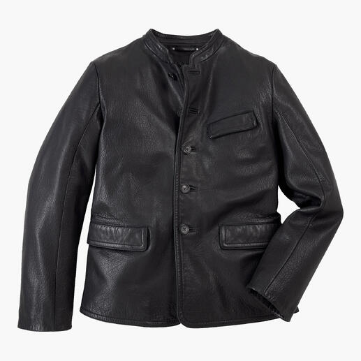 Veste en cuir de buffle Oconi noire avec fermeture à boutons et poches, taille 48
