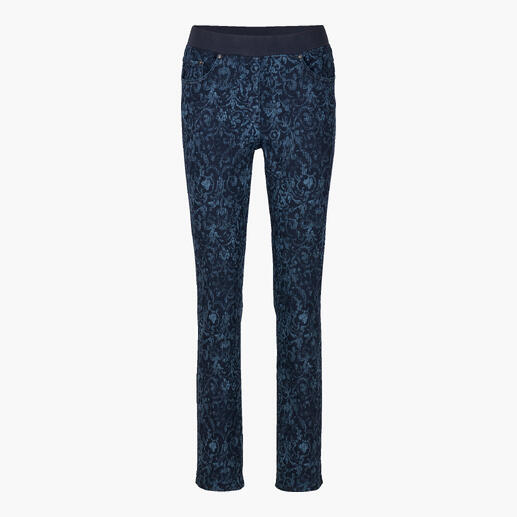 Jeggings à motifs de Raphaela en bleu foncé, avec motif floral.