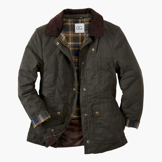 Veste d'extérieur olive à carreaux avec fermeture éclair.