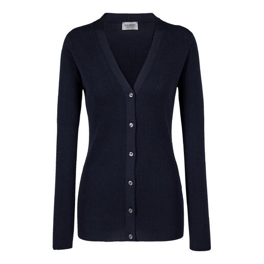 Gilet bleu marine avec décolleté en V et boutons.