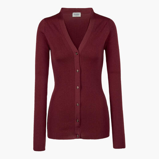 Gilet rouge avec décolleté en V et boutons.