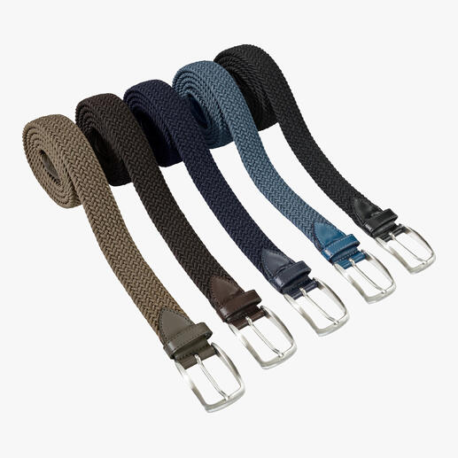 Cinq ceintures élastiques en brun, bleu, bleu marine, noir et gris avec boucle en argent.