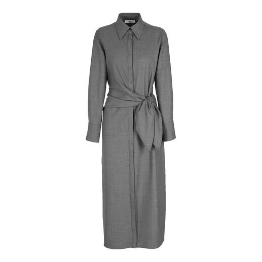 Robe en mélange de laine grise de LaSalle A. en pleine longueur, avec une ceinture à la taille.