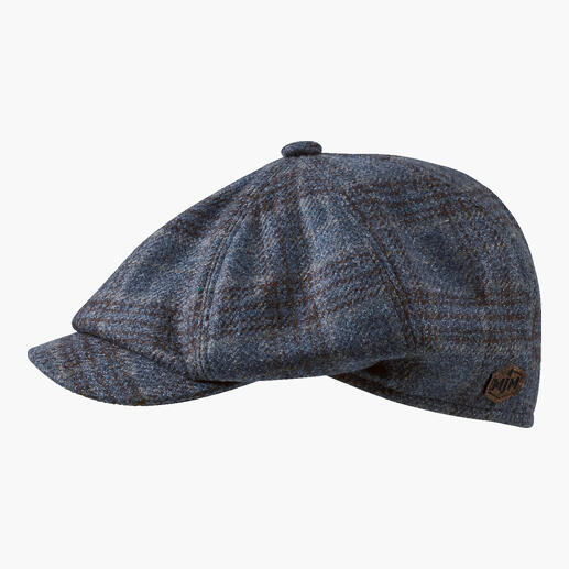 Chapeau Paper Boy beige vu de côté avec motif à carreaux.