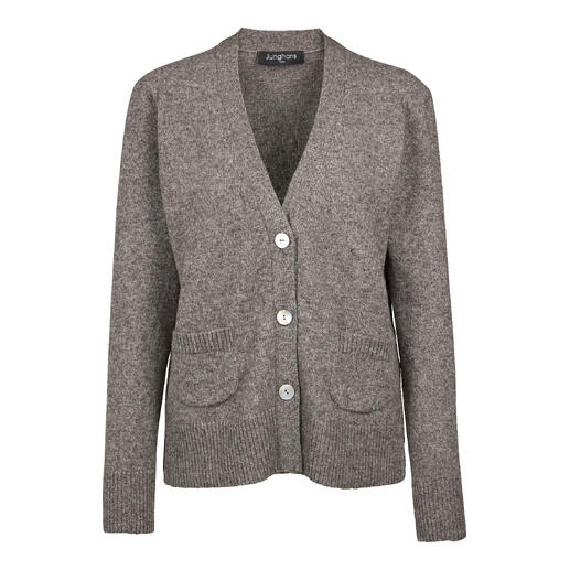 Cardigan en yak gris-brun avec trois boutons et poches.