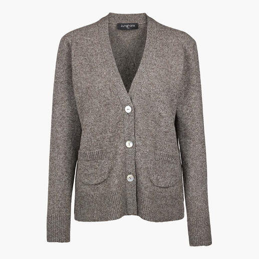 Cardigan en yak gris-brun avec trois boutons et poches.